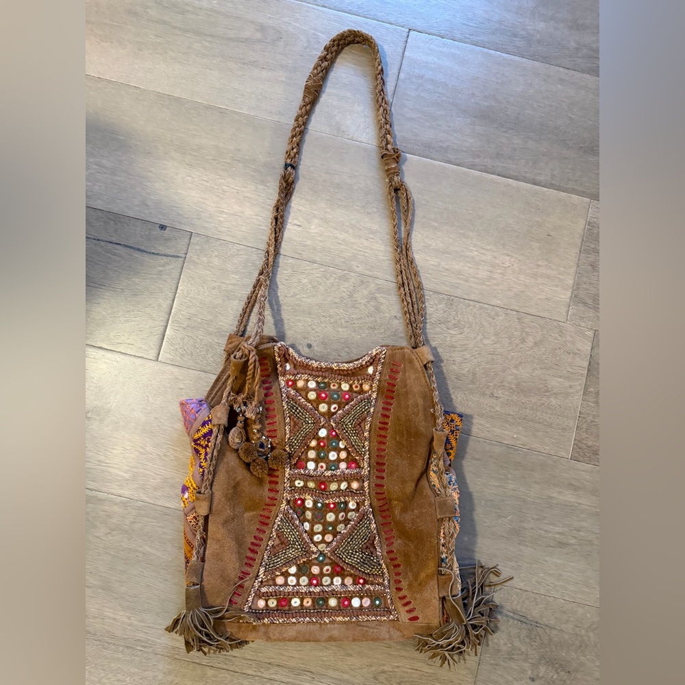 00’s Free People Suede Beaded Patchwork Braid Indie Bohemian Strap Purse UEC - Picture 3 of 8